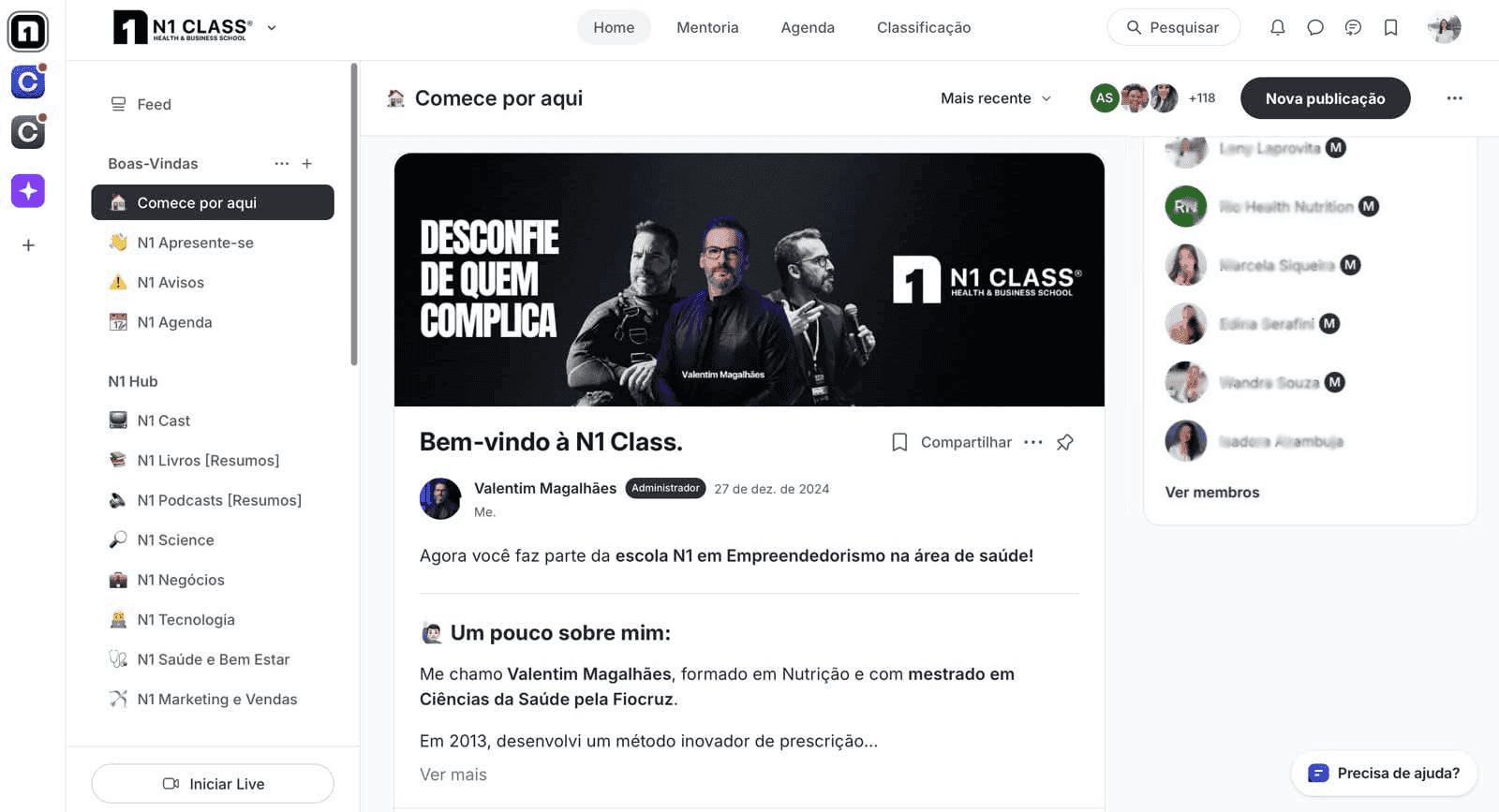 Tela da plataforma da comunidade N1 Class
